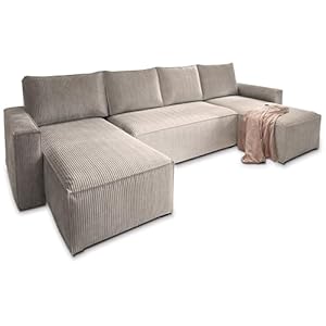 Ecksofa ASPRA mit Schlaffunktion U-Form, Sofa mit Bettkasten, Wohnzimmersofa, Couch, Soffa, Bettsofa, Couchgarnitur- Beige, POSO 02