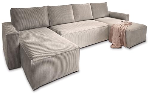 Ecksofa ASPRA mit Schlaffunktion U-Form, Sofa mit Bettkasten, Wohnzimmersofa, Couch, Soffa, Bettsofa, Couchgarnitur- Beige, POSO 02