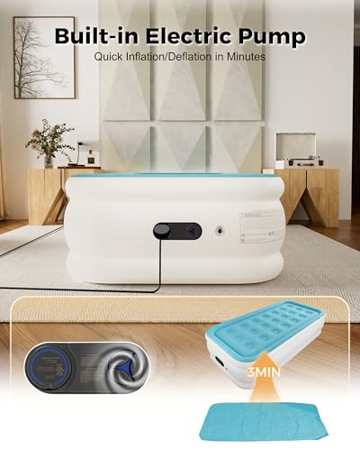 Image of Twin Air Mattress with Built in Pump, Single Blow up Air Bed with Portable Storage Bag, Suitable for Home and Guests, Top Flocking, 18 inch Twin Sky Blue