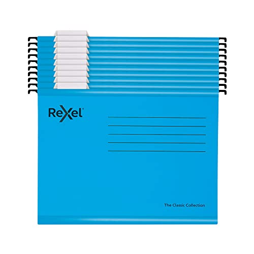 Rexel Classic A4 Reinforced Filing Cabinet Suspension Files with Dividers, 15 mm V base, 100 Percent Recycled Card, Blue, Pack of 10, 2115595