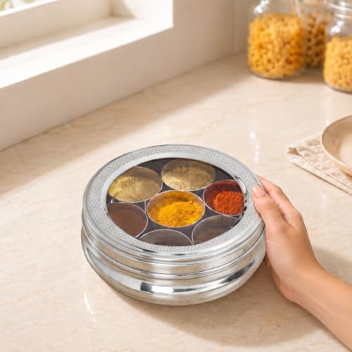 Image of Nestasia Stainless Steel Masala Dabba for Kitchen Storage (90ml x 7 Containers) - Engraved Spice Box with See Through Lid & Spoon | Rust-Free & Diswasher Safe Garam Masala & Biryani Masala Dani
