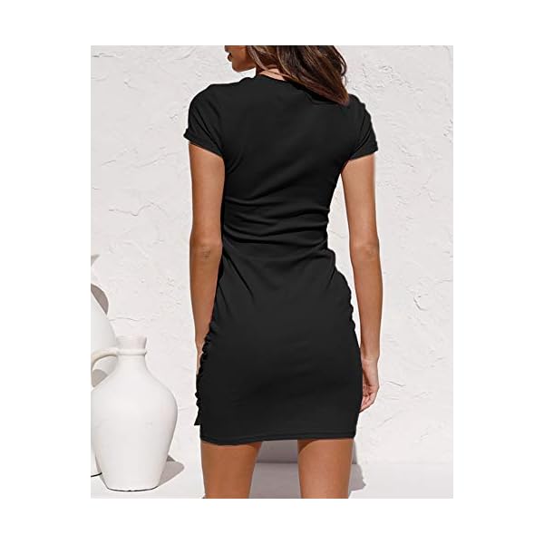 LILLUSORY-Womens-Summer-T-Shirt-Dress-Casual-Short-Sleeve-2021-Crewneck-Bodycon-Ruched-Tie-Waist-Mini-Dresses LILLUSORY 2023 Women's Summer Dress Sun Sundresses Short Sleeve T Shirt Casual Crewneck Bodycon Sexy Party Ruched Tie Waist Trendy Mini Black Funeral Dresses Black