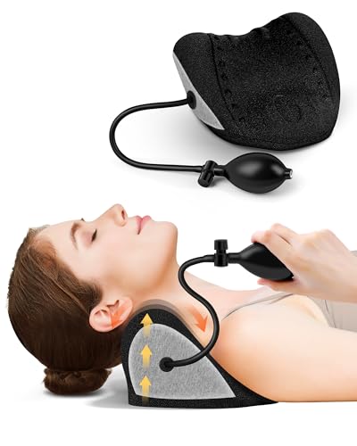BETOVIN Height Adjustable Neck Stretcher - Inflatable Neck and Shoulder Relaxer Cervical Traction Device Neck Pillow Corrector Chiropractic for TMJ Pain Relief and Cervical Spine Alignment - Grey