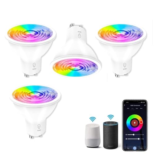 Wiby Lampadina Smart GU10 Wi-Fi 4,5W 326lm RGB + CCT 2700–6500K Dimmerabile, App Smart Life/Tuya, Compatibile con Alexa e Google Home, Lampadina Intelligente per Faretti, 4 unità