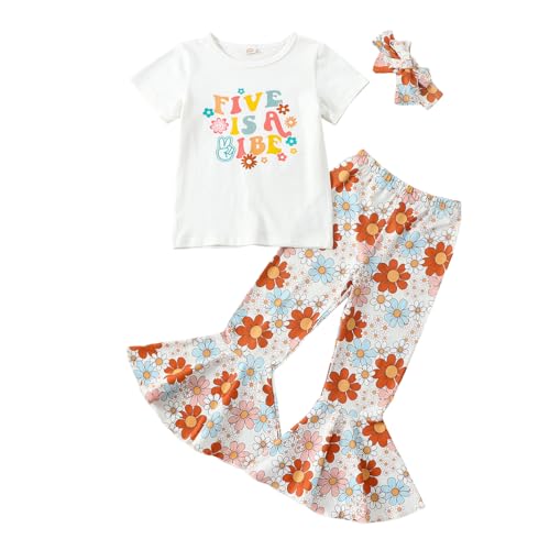 CHAUKAREAUL Toddler Baby Girl 5th Birthday Outfit Groovy Five Print Short Sleeve Shirts Top Flared Pants with Headband Set