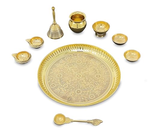 Image of BENGALEN Brass Pooja Thali Set 8 Inch Puja Thali with Pital Plate Kalash Chandan Vati Dhup Dan Kuber Diya Ghanti Palli Arti Thali for Diwali Home Office Mandir Wedding Return Gift Items