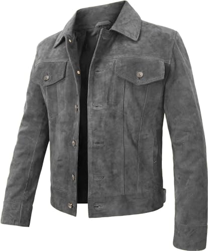 Image of Suede Leather Trucker Jacket Men - Mens Western Style Cowboy Suede Leather Coat - Vintage Motorcycle Jacket