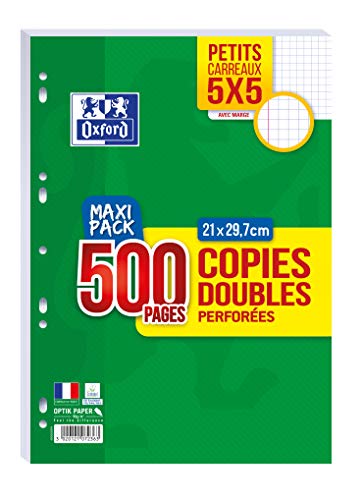 OXFORD Lot de 500 Pages Copies Doubles Perforées A4 (21 x 29,7cm) 90g Petits Carreaux 5x5mm - Maxi Pack