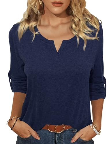 Terecey 3/4 Arm Shirt Damen Elegant V Ausschnitt Oberteile Casual Tunika Henley Langarmshirt Einfarbig Lose Bluse Vintage Einfarbig T Shirt Casual Locker Tops mit Knopfleiste Marine S