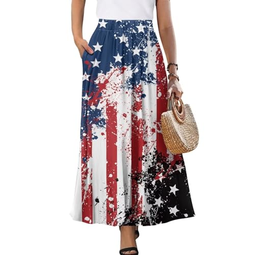 Womens Summer Flowy Swing A-Line Maxi Skirt with Pockets Elastic Waist Long Beach Dress S-XXL