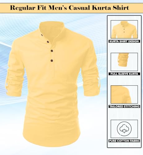 Image of FINIVO FASHION Men's Cotton Blend Solid Full Sleeve Short Kurta Shirt, Regular Fit Solid Pattern Mandarin Collar Straight Kurta Shirt