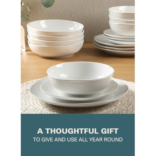 Image of Gibson Home Lindendale 16 Piece Porcelain Ceramic Plates and Bowls Dishes Scratch and Chip Resistant Service for 4 Dinnerware Set - White