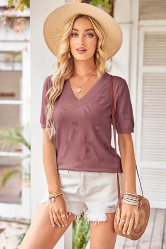 Image of Arach&Cloz Women's Lightweight Spring Summer Sweater Tops Casual Short Sleeve Blouses Shirts