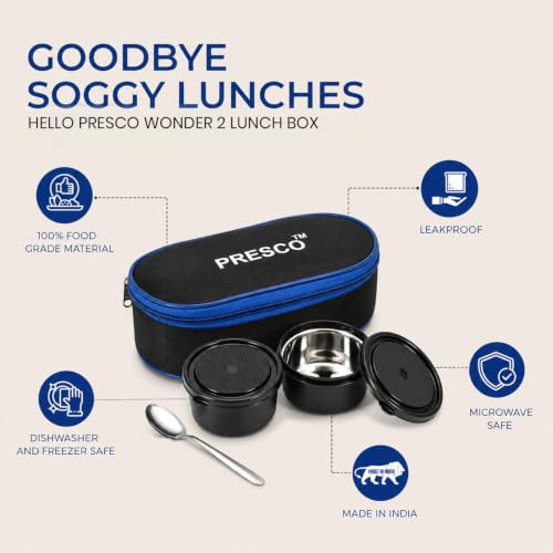 Image of PRESCO Insulated Lunch Box Set (2 Microwave Safe Inner Steel Containers, 450ml*2; with Steel Spoon) with Insulated Fabric Bag, Lunch Box for Office Use, Leak Proof, Tiffin Box for Men (Black)