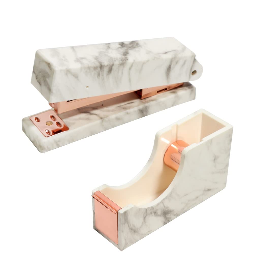 Dispenser per nastro adesivo, Mini Marble Stapler e set dispenser for nastro adesivo - Elegante spillatrice da tavolo for ufficio e arredamento scolastico(White)