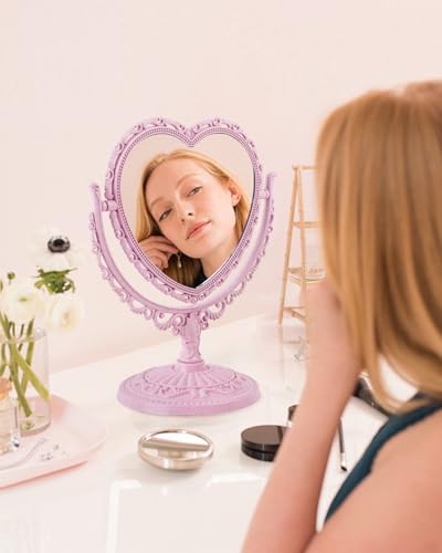 Espejo de maquillaje giratorio doble rosa con soporte miniatura 6