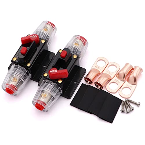 Image of 2 Pack Inline 100amp Circuit Breaker with Manual Reset Fuse Holder for Car Audio Marine Boat Stereo with Wire Lugs and Heat Shrink Tube