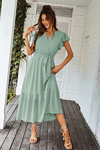 Image of PRETTYGARDEN 2023 Women's Floral Summer Dress V Neck Short Sleeve Ruffle Hem A-Line Boho Maxi Dresses