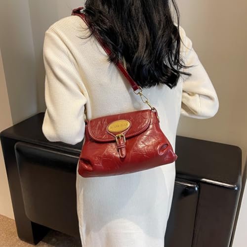 Women's Retro Shell Crossbody Bag, Oil Wax Leather/Checkered Pattern Shoulder Purse, Vintage Bucket Satchel Bag for Commute3