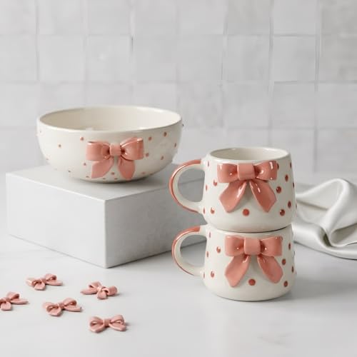 Image of SNS Handmade Ceramic Serving Bowl Set (Set of 2) | Microwave Safe Cute Ceramic Bowl Set | Aesthetic Snack, Salad, Cereal, Dessert & Soup Bowl | Premium Kitchen & Breakfast Bowl (Aira Pink Bow Bowl)
