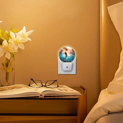 Image of Round LED Night Lights Lamp with Dusk to Dawn Sensor, Beautiful Mermaid Swimming in The Deep Sea Night Light Plug Into Wall for Kids Room, Bedroom, Bathroom, Kitchen, Hallway
