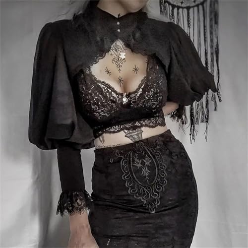 Image of Women Gothic Crop Top Shirt Y2K Black Bell Sleeve Shawl Cardigan
