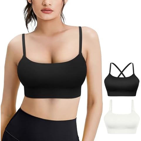 VEQKING Women Sports Bra Adjustable Thin Straps Convertible Back Workout Bras Square Neck Seamless Wirefree Yoga Bra with Removable Pads Cover