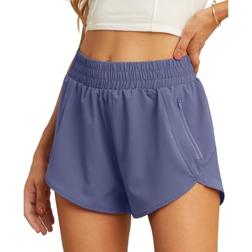 PrinStory Women’s Running Shorts Summer High Waisted Quick Dry Athletic Work Out Gym Zipper Pocket Shorts with Liner