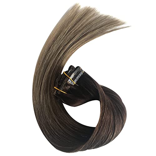 Clip in Hair Extensions Human Hair Double Weft Clip on Real Remy Hair Extensions Ombre Medium Brown to Ash Brown Colored Brazilian Virgin Human Hair Extensions for Women 70G 7pcs 16 Clips 20 Inch
