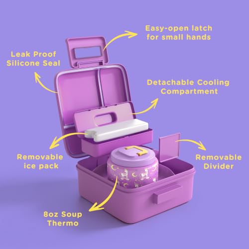 Image of JXXM Bento Lunch Box for Kids With 8oz Soup thermo,Leak-proof Lunch Containers with 5 Compartment,thermo Food Jar and Lunch Bag, Food Containers for School (Purple Unicorn)