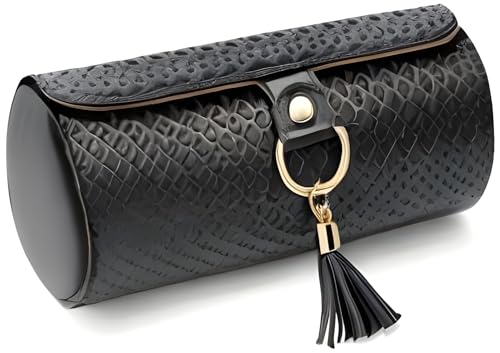 Image of Luxury Travel Jewelry Organizer Case - 3-Layer Cylinder Storage Box for Rings, Earrings, Bracelets - Portable PU Leather Case for Women & Girls (Solid Black)