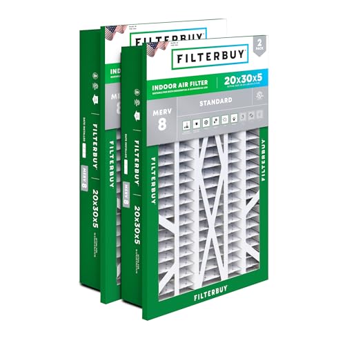 Image of Filterbuy 20x30x5 Air Filter MERV 8 Essential Dust & Allergy Defense (2-Pack), Electrostatic Pleated HVAC AC Furnace Filters Replacement for Honeywell Return Grille (Actual Size: 18.38 x 28.63 x 3.69)