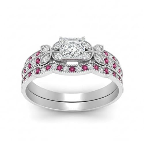 Image of Choose Your Gemstone Milgrain Petal Diamond CZ Wedding Ring Set 925 Sterling Silver Princess Shape Wedding Ring Sets Lightweight Office Wear Everyday Gift Jewelry US Size 4 to 12
