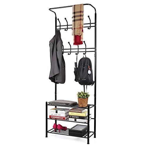 HOMFA Metal Entryway Coat Shoe Rack 3-tier Shoe Bench with Coat Hat Umbrella