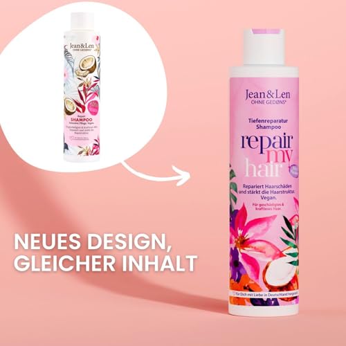 Jean & Len Shampoo Repair Kokosöl & Macadamia, für geschädigtes & kraftloses Haar, beugt Feuchtigkeitsverlust vor, repariert Haarschäden, Kokos-Duft, ohne Parabene & Silikone, vegan 300 ml