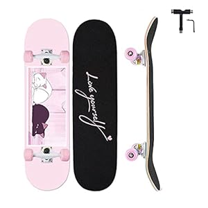 Skateboards for Girl Beginners，Anime Complete Standard Skateboard 31″ X 8″，Maple Double Kick Concave Skate Boards for Kids Youths Teens Adults，Magic Cat Theme ，Pink Skateboards Gifts for Girls