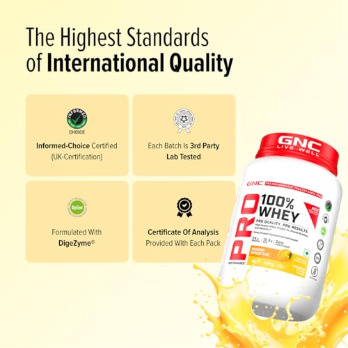 Image of GNC Pro Performance 100% Whey Protein | New Formulation | 24g Protein, 5.7g BCAAs, 12.3g EAAs | Added DigeZyme | Whey Isolate & Concentrate Blend, Low Carb (4.51g), No Added Sugar | Mango,907g