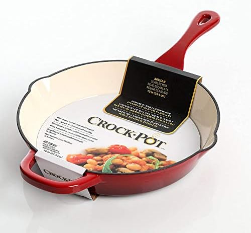 Crock-Pot 10 Inch Enameled Cast Iron Skillet with Handles - Ideal for Searing, Roasting, Frying - Even Heat Distribution, Pour Spouts - Oven-Safe & Stovetop Safe (Red) - Thumbnail 4