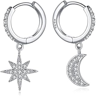 Drop Hoop Earrings with Sparkling Moon and Star Charms 14K or White Gold Plated Cubic Zirconia Small Huggie Dangler Earrings Gift for Women Girls