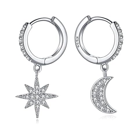 Drop Hoop Earrings with Sparkling Moon and Star Charms 925 Sterling Silver Post Cubic Zirconia Small Huggie Dangler Earrings Gift for Women Girls (M&S) Cover