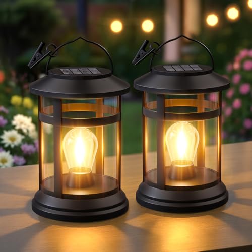 NFEVER Solar Lanterns Outdoor Waterproof: 2 Pack Hanging Solar Lights for Outside Patio Porch Garden Tabletop Decor - Bright LED Warm White Solar Powered Lighting - Unique Gardening Gifts for Mom