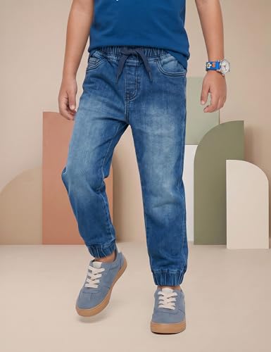 Image of Amazon Brand - Symbol Boys Cotton Rich Stretchable Slim Fit Jogger Jeans | Elasticated Waistband and Cuff | Casual Denim | Age 2-14 Years