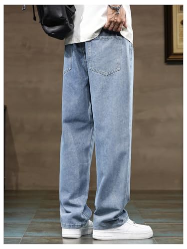 OYOANGLE Men's Vintage Elastic Drawstring Waist Jeans Casual Straight Leg Denim Pants2