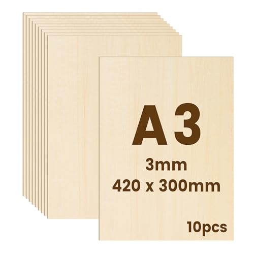 10 láminas de contrachapado 3mm | Tabla madera bricolaje de corte preciso - Ideal para modelismo, grabado láser, regalos y decoración (A3-420x300x3mm)