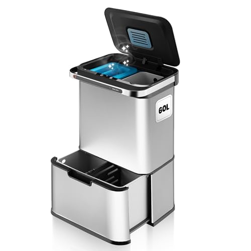 Poubelle Tri Sélectif 3 Bacs 60L Avec Capteur Automatique - Ozoniseur, Couvercle Soft-close, Noir