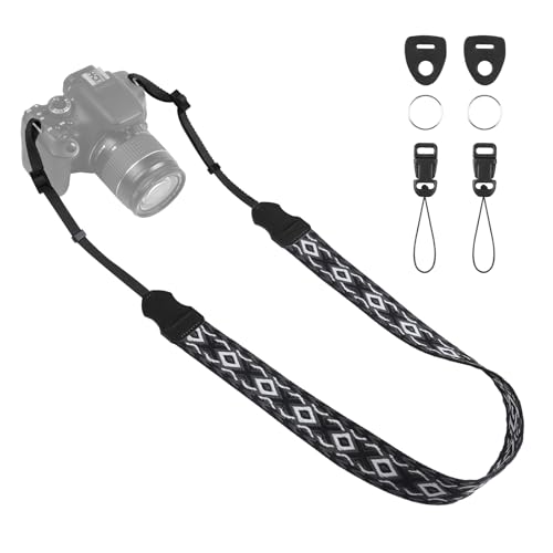 Image of Universal Camera Strap - Camera Neck Strap, Adjustable Shoulder Straps Compatible with Canon, Fujifilm, Nikon, Olympus, Panasonic and other SLR and mirrorless cameras - Black Grey White Rhombus