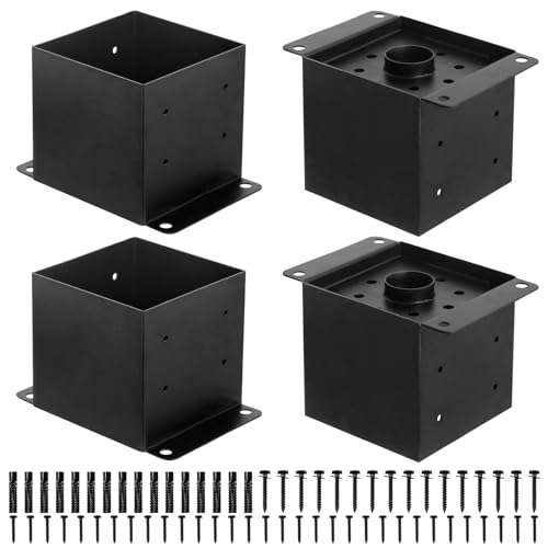 6x6 Post Base 4 Pcs,Inner Size 5.5"x5.5" Post Base Brackets, Heavy Duty Powder-Coated Post Anchor Fence Post Anchor,Black Wood Post Brackets for Pavilion Deck Railing Support Deck Base Plate