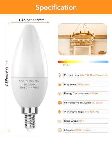 PARTPHONER E12 LED Light Bulbs B11 Candelabra Bulbs 60W Equivalent, Non-Dimmable 6W LED Candle Chandelier Bulb 600 Lumen, 2700K Daylight White, Pack of 12 by PARTPHONER - Used condition - Image 6