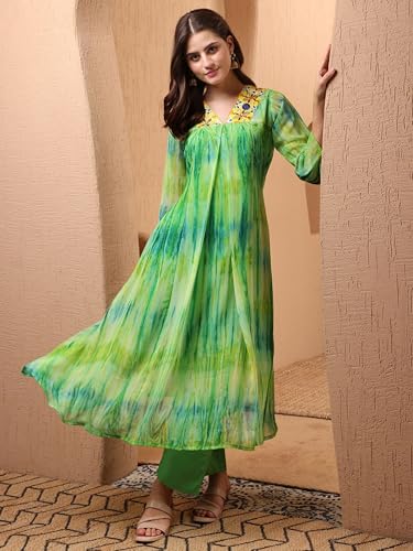 Image of EthnicJunction Women Georgette Relaxed Fit Tie & Dye & Embroidered A-Line Flared Kurta,Summer Kurta,Kurta For Office,Long Kurti