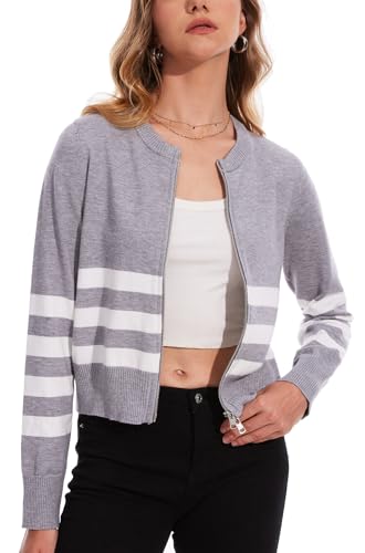 Image of MISS MOLY Women's Striped Cardigan Sweaters Full Zip Trendy Long Sleeve Round Neck Dressy Casual Knit Pullover Sweater Grey XS
